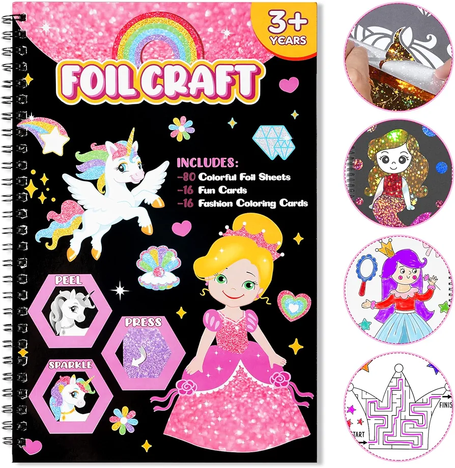 Art & Craft Activity,Foil Fun Princess DIY Art Kits,No Mess Creative Foil Art Kits Set Drawing Game for Kids,Birthday Gifts Crafts Supplies Kits Travel Toys for Girls Boys Ages 4 5 6 7 8 9 Year Old