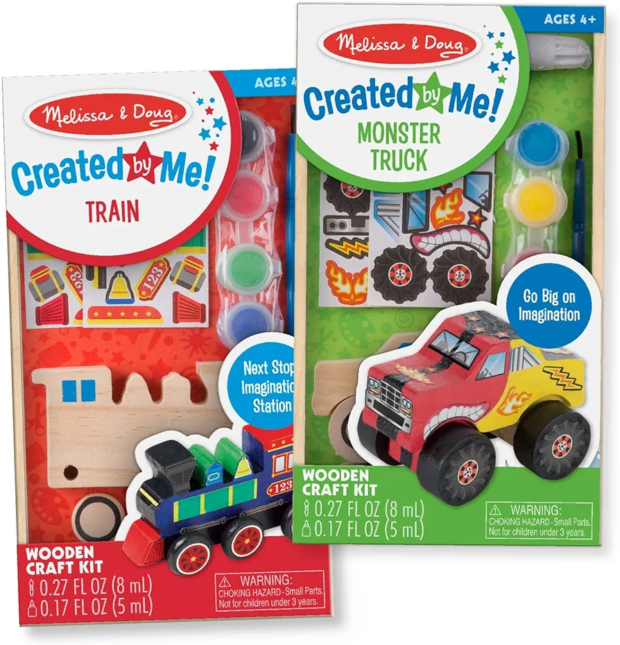 Melissa & Doug Created by Me! Paint & Decorate Your Own Wooden Vehicles Craft Kit For Kids 2 Pack – Monster Truck, Train