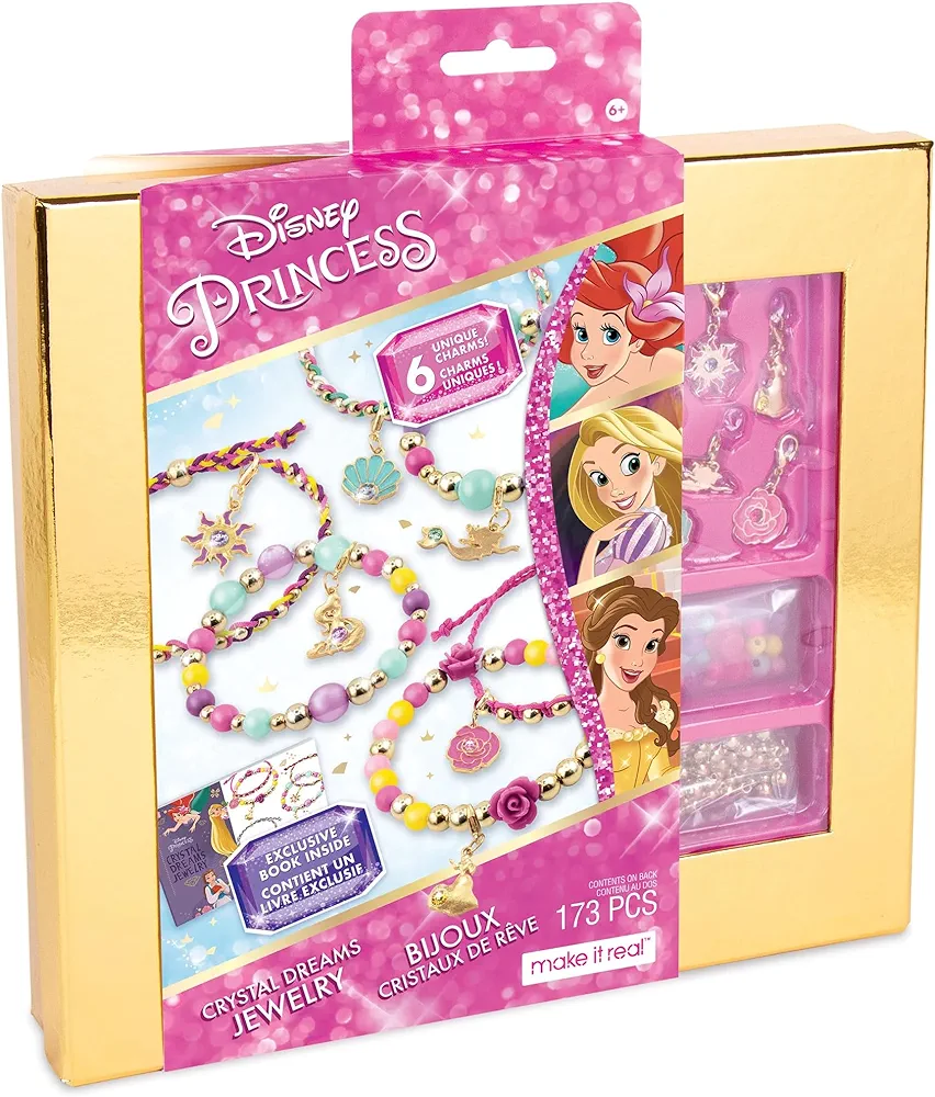 Make It Real - Disney Princess Crystal Dreams Jewelry - DIY Bead & Charm Bracelet Making Kit - Includes Jewelry Making Supplies, Charms with Swarovski Crystals & Exclusive Disney Princess Book