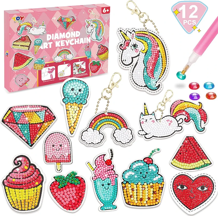 TOY Life Diamond Art Kits Kids with Keychains Painting Diamond Kits for Kids Gem Art Diamond Kids Painting, Gem Diamond Art and Crafts for Girls Age 8-12 Diamonds Gem Art Kits Unicorn Painting Kit