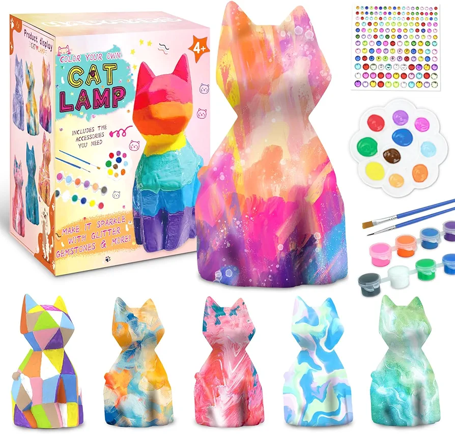 HAPMARS Paint Your Own Cat Lamp Kit 1pcs, DIY Geometric Cat Art Craft Painting Kits for Girls Boys, Girl Boy Crafts for Kid Age 4 5 6 7 8 9 10 11 12+, Art Supplies Gifts for Birthday Christmas