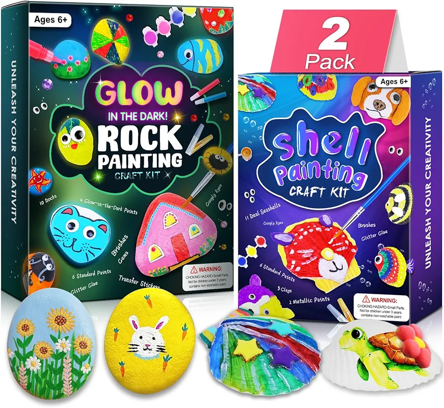 Sea Shell & Rock Painting Kit - 2 Pack 58 Pcs Glow in The Dark Paint Kits, Arts and Crafts for Kids 4-12, Kids Painting Set, DIY Arts & Crafts Toys for Boys Girls Birthday Party Activities Gifts