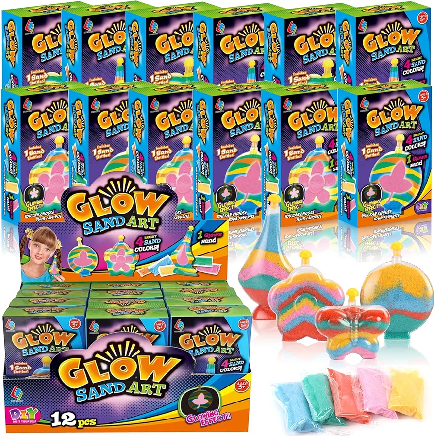 12 Pack Create Your Own Magic Sand Art Glitter Activity | Glow in the Dark Colored Custom Sand Kits for Kids - Includes 12 Bottles, Funnels, Sticks, 60 Bags of Colorful Sand | DIY Arts and Crafts