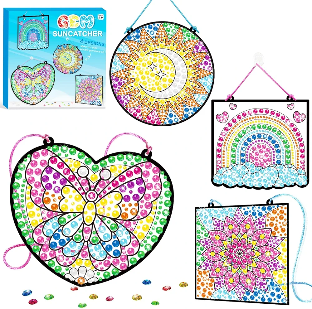 BANBBUR 4Pcs Window Art Kits for Kids,Gem Arts for Kids Ages 4-8,8-12,Suncatcher Kits for Kids,Diamond Art and Crafts for Girls Boys Birthdays Christmas Gift