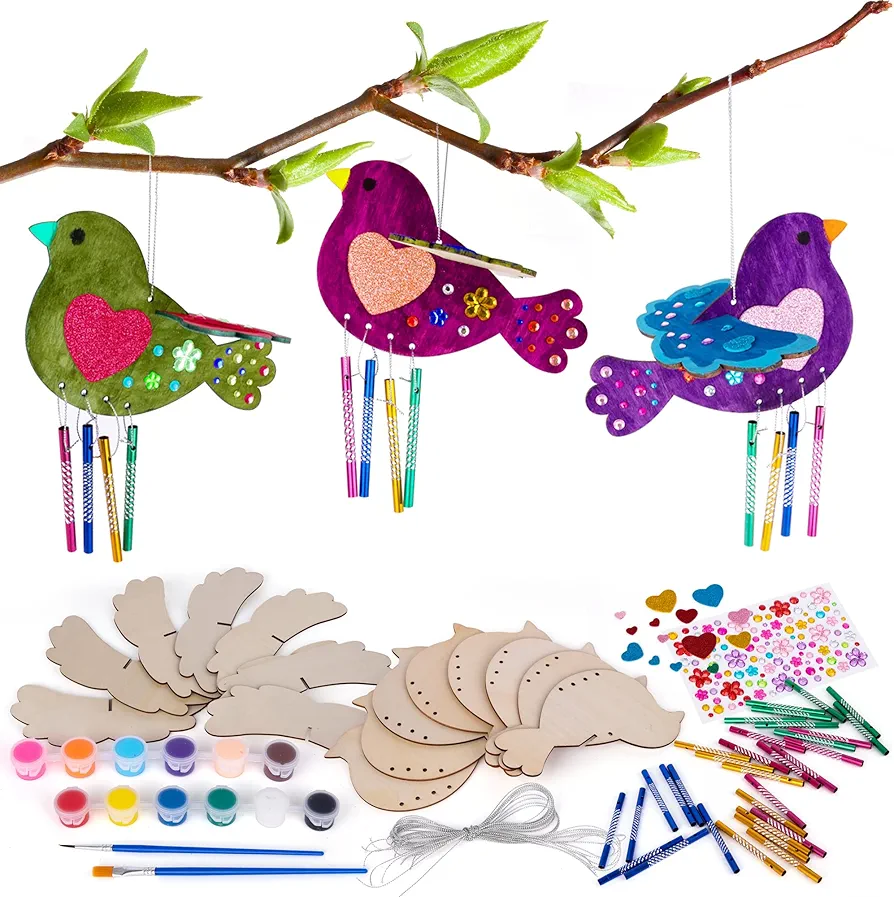 ArtCreativity DIY Wind Chime Kit for Kids - 8 Pack - Wooden Wind Chime Set with Paint Kit, Rhinestone Flower Stickers, Glitter Heart Foam Stickers, and More - Summer Arts and Crafts for Kids 3 and Up