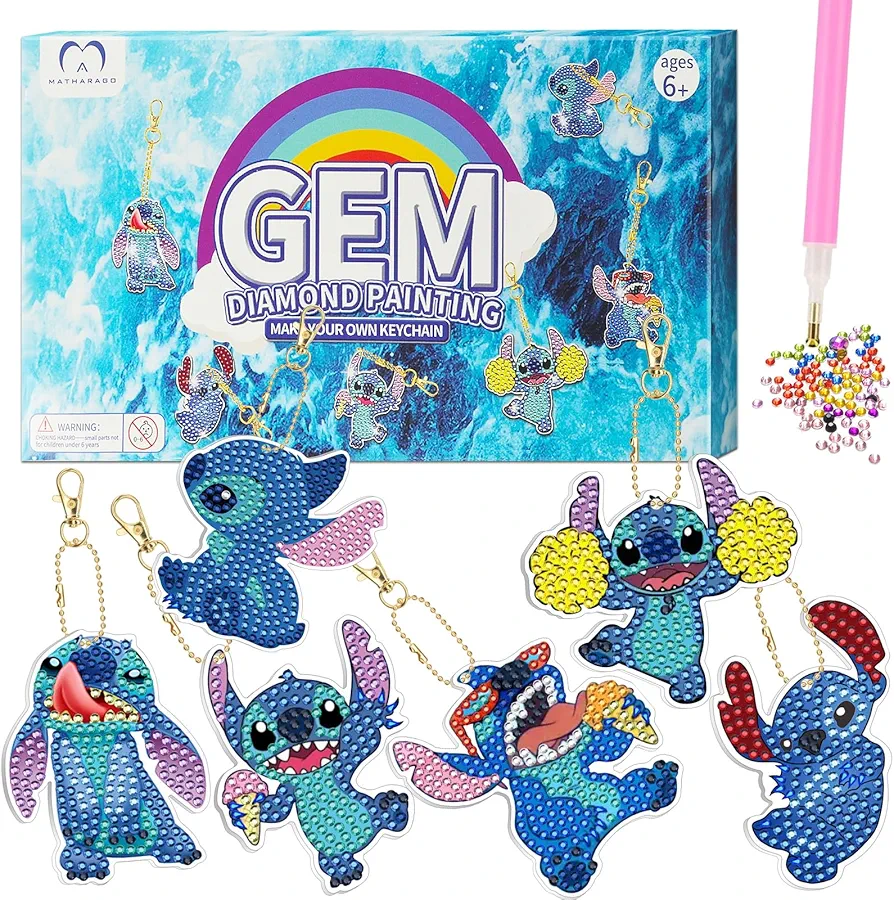 MATHARAGO Diamond Art for Kids 6 Pcs DIY Diamond Painting Keyrings Set, Painting by Number Gem Keychains Craft Kits for Kids Ages 6-12, Gifts for Birthday, Back to School