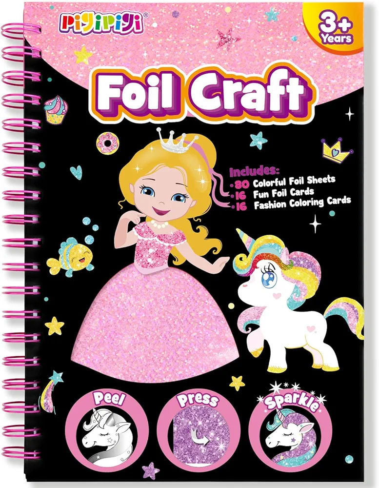 pigipigi Art Craft Activity for Kids: Fun Foil Princess & Unicorn DIY Toy Kit, No Mess Creative Travel Supply Set, Idea Birthday Christmas Valentine Gift for Girl Boy Children 3 4 5 6 7 8 9 Year Old