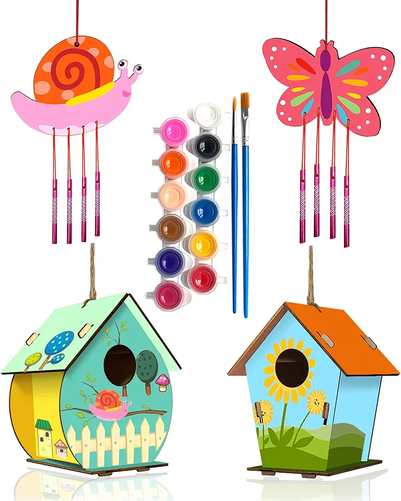 4 Pack DIY Bird House Wind Chime Kits for Children to Build and Paint, Wooden Arts and Crafts for Kids Girls Boys Toddlers Ages 8-12 4-6 6-8, Paint Kit Includes Paints & Brushes