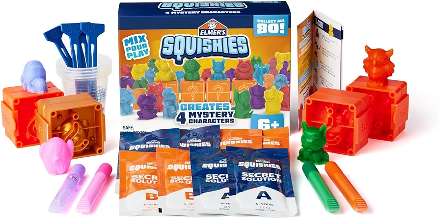 Elmer’s Squishies Kids’ Activity Kit, DIY Squishy Toy Kit Creates 4 Mystery Characters, 24 Piece Kit