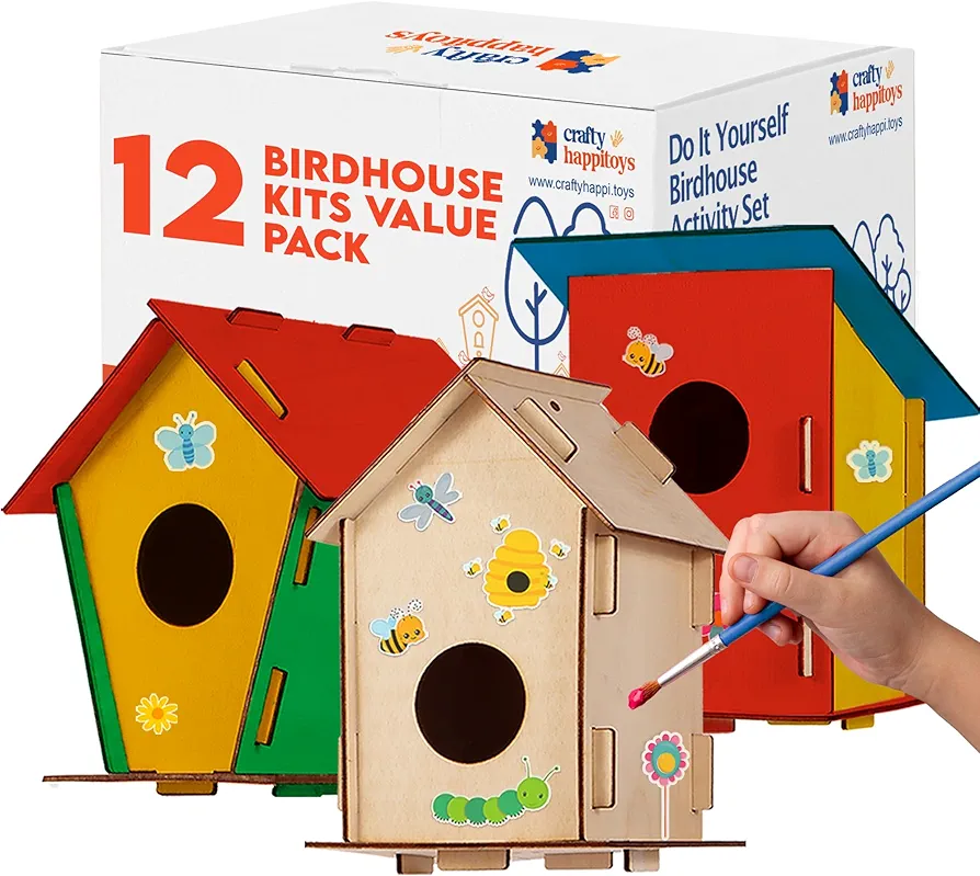 12 DIY Bird House Kits For Children to Build - Wood Birdhouse Kits for Kids to Paint - Unfinished Wood Bird Houses to Paint for Kids - Wood Craft Project Kits - Wooden Arts & Craft for Girls & Boys