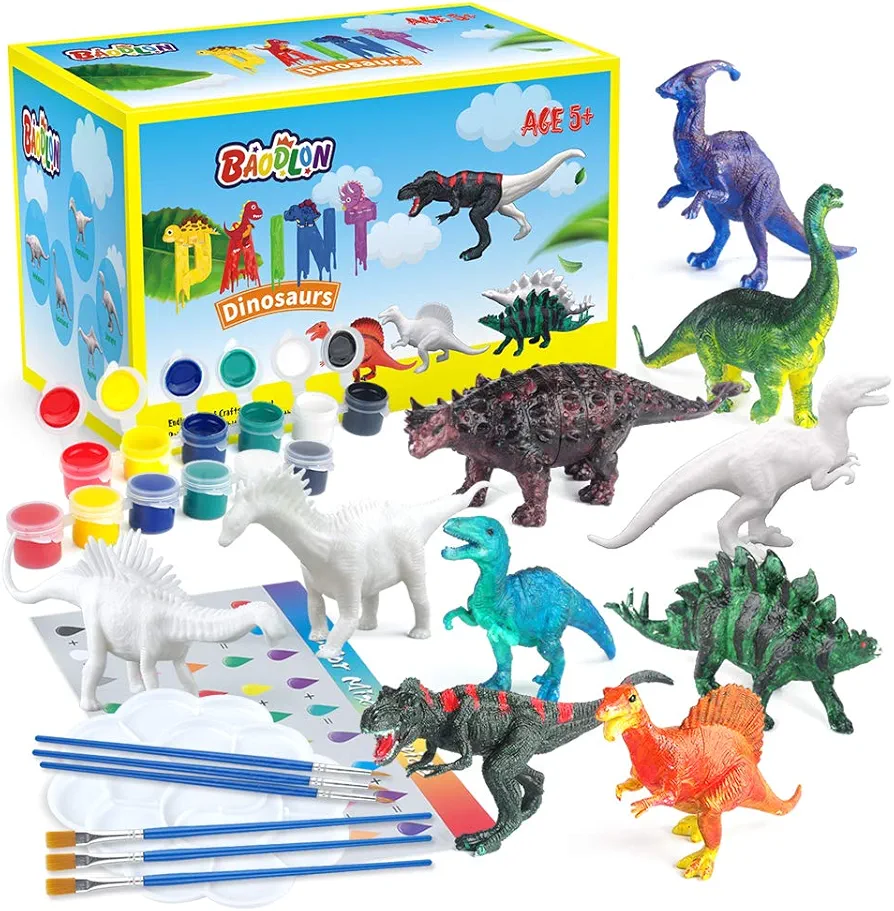 BAODLON Kids Arts Crafts Set Dinosaur Toy Painting Kit - 10 Dinosaur Figurines, Decorate Your Dinosaur, Create a Dino World Painting Toys Gifts for 5, 6, 7, 8 Year Old Boys Kids Girls Toddlers