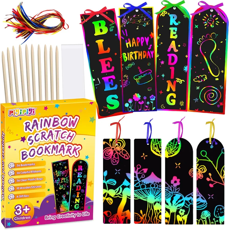 pigipigi Scratch Bookmarks Art for Kids - 36 Set 2 Style Magic Scratch Paper Art Party Favors Rainbow Sheets Art Supplies Kit Tags DIY Craft Activity for Girls Boys Christmas Birthday Gift