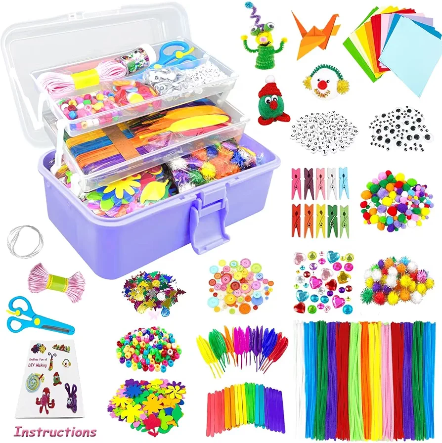 VLUSSO Arts and Crafts Supplies for Kids DIY Craft Kits Art Supplies Materials Kids Crafts Set with Pipe Cleaners Craft Box Preschool Homeschool Toys Gift for Kids Boys and Girls Age 4 5 6 7 8