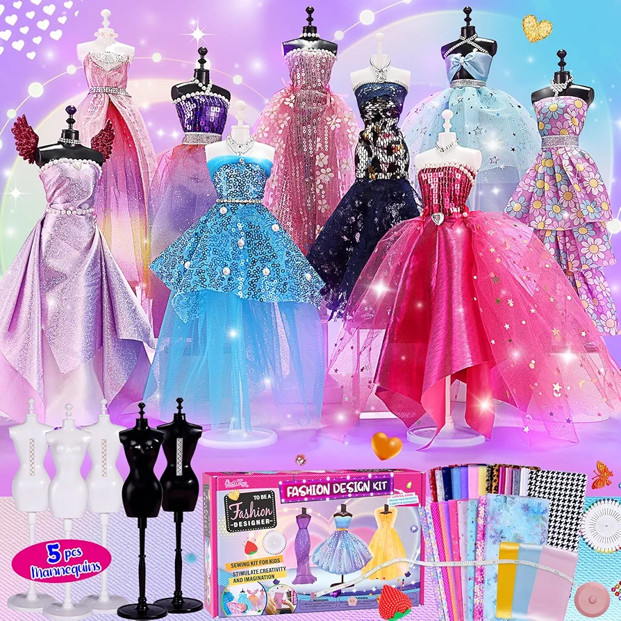 ONE TO FOUR 800+Pcs - Fashion Designer Kit for Girls with 5 Mannequins - Arts and Crafts Kit- Sewing Kit for Kid Ages 8-12 -Girls Gift Age 6 7 8 9 10 11 12