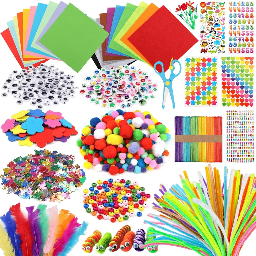 DOITEM Pipe Cleaners Craft Supplies, 1000+Pcs Arts and Crafts Supplies Including Pipe Cleaner Wiggle Googly Eyes Pom Poms Feathers Sticks Sequins Foam Flowers Papers Felt Stickers