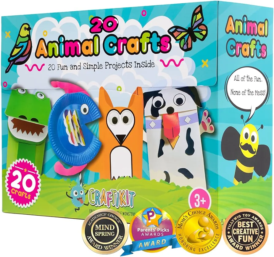 Craftikit® 20 Award-Winning Toddler Arts and Crafts for Kids Ages 4-8 Years, All-Inclusive Animal Craft Kits, Fun Toddler Crafts Box for Girls, Boys, Organized Preschool Art Supplies and Projects