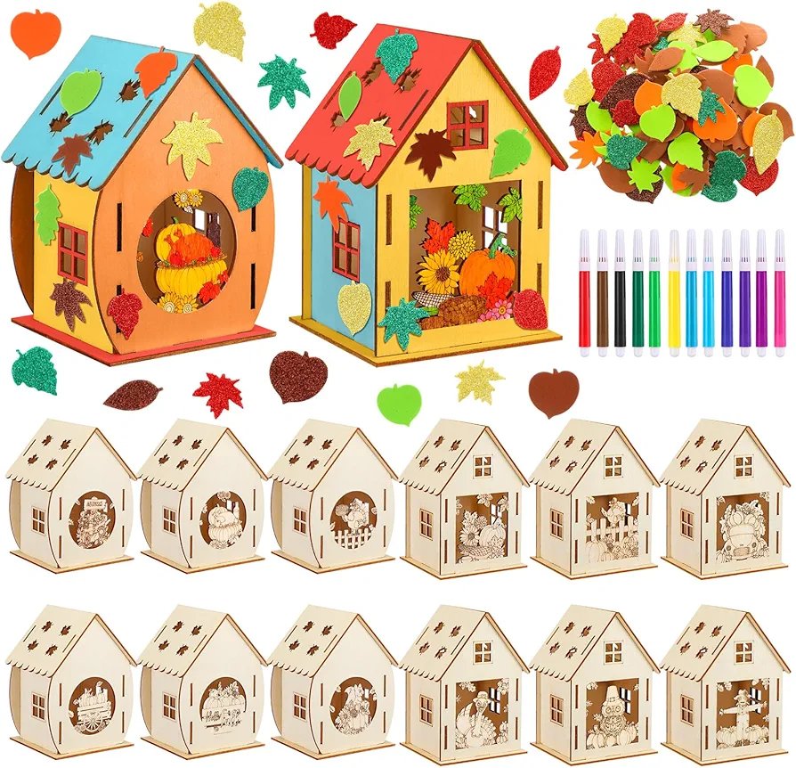 12 Sets Wooden Fall Halloween Houses Thanksgiving Graffiti Crafts Pumpkin Wood House Ghost Table Decor 12 DIY Unfinished Craft Kit 12 Watercolor Pens 100 Foam Stickers(Fall Style)