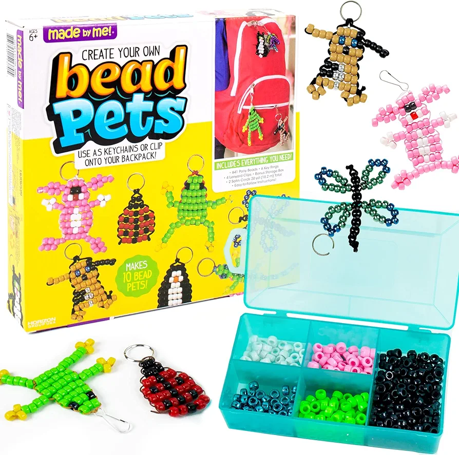 Made By Me Create Your Own Bead Pets, Includes Over 640 Beads, Lanyard Clips, Keyrings, & Storage Box, Create Your Own Backpack Keychain Kit, DIY Bead Art Crafts for Kids & Beginners