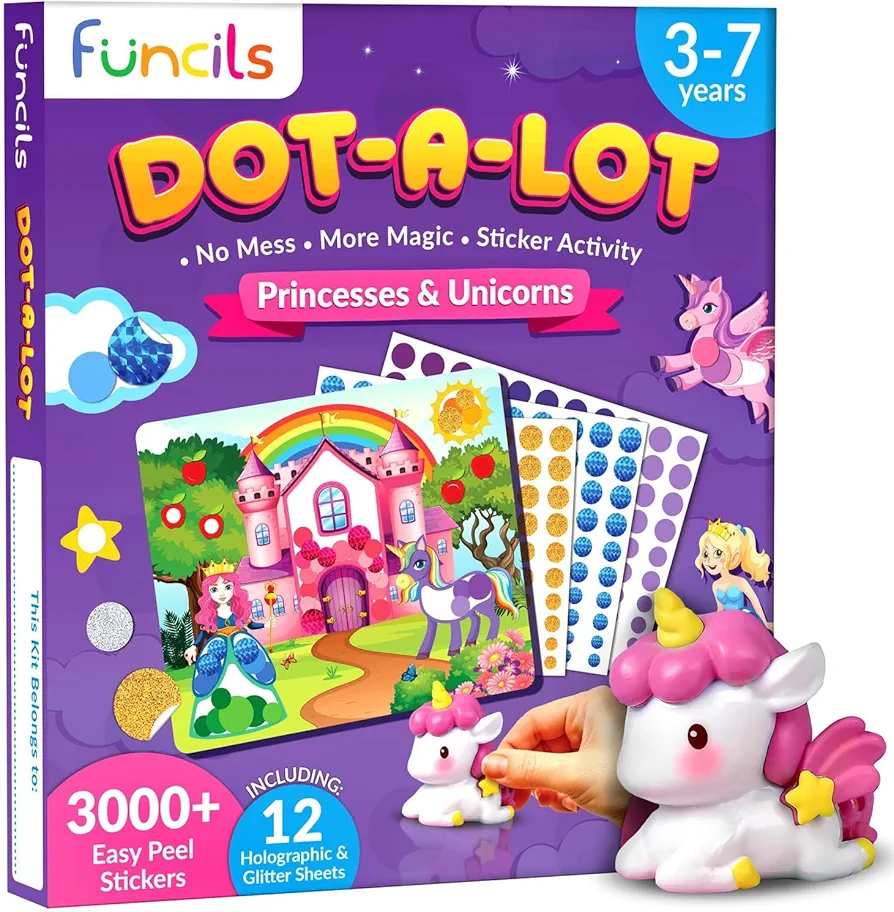 Funcils Dot Art Activity - Unicorn & Princess Sticker Art Kit, Arts and Crafts for Kids, Toddler Craft Supplies, Gifts for Boys & Girls Ages 3, 4, 5, 6, 7 Year Old - Kids Travel Activities & Toys