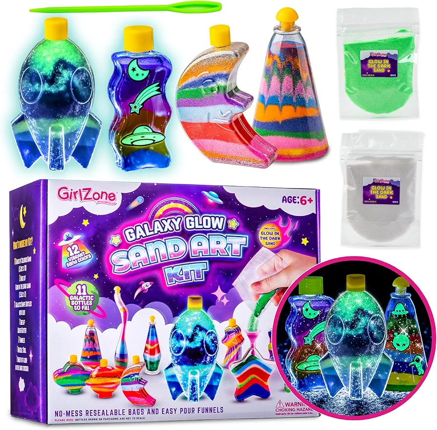 GirlZone Galaxy Glow Sand Art Kit, Sand Art for Kids Kit with Colored Sand & Kids Sand Art Bottles to Make Ultimate Sand Art, Creative Gifts for Kids