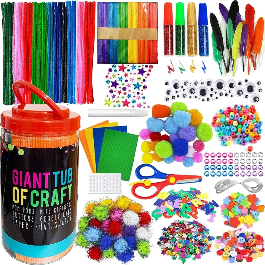 MOISO Kids Crafts and Art Supplies Jar Kit - 550+ Piece Set - Plus Glitter Glue, Construction Paper, Colored Popsicle Sticks, Eyes, Pipe Cleaners