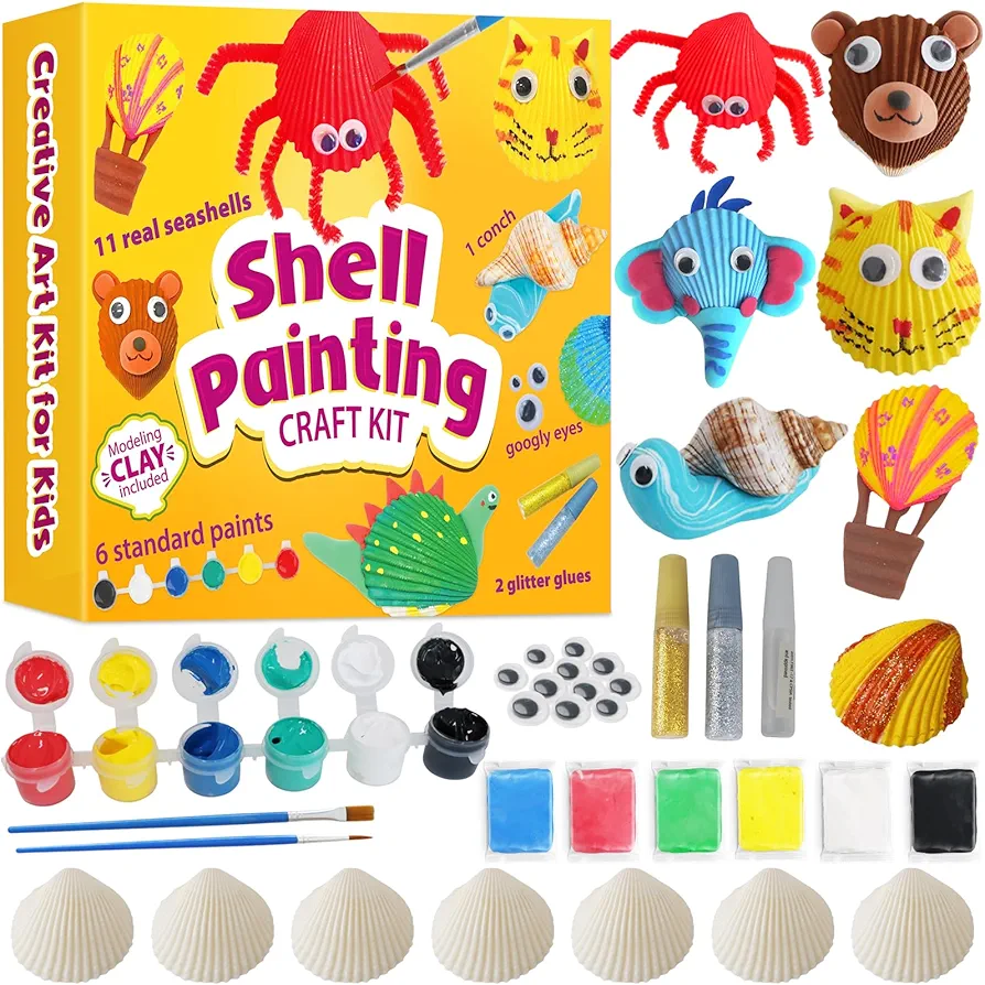 pigipigi Sea Shell Painting Kit for Kids: Art Craft Toy Gift for Toddler Boy Girl Ages 4 5 6 7 8 9 10 11 12 Year Old - Creative DIY Art Supplies for Birthday Christmas Easter Party Game Activities