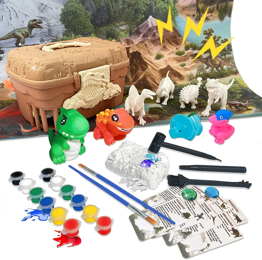 TALGIC Dinosaur Painting Kit for Kids 3-8 with 8 Figurines & Jungle Map, Arts Craft Sets in Dinosaur Storage Box Arts & Crafts Toys for 3-8 Year Olds, Popular Arts Crafts for Boys Ages 3-8