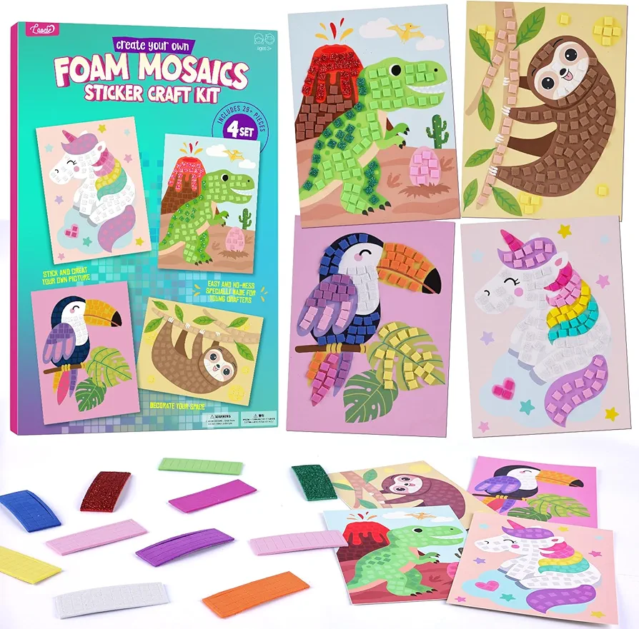 LAOESE Mosaic Sticker Craft Kit - 4 Set No Mess Dot Arts & Crafts Supplies, Animal Sticker by Number Kids, Foam Sticker Art Kit for Kids - Christmas Gifts for Girls & Boys 4 5 6 7 8-12, Travel Toys