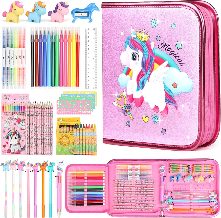 beefunni Unicorn Fruit Scented Markers Set 56 Pcs, Art Supplies for Kids 4-6-8, Arts and Crafts Coloring Set, Markers Pencil Crayon&Gel Pen Drawing Kits - Birthday Gifts for Girls 4 5 6 7 8 Year Old