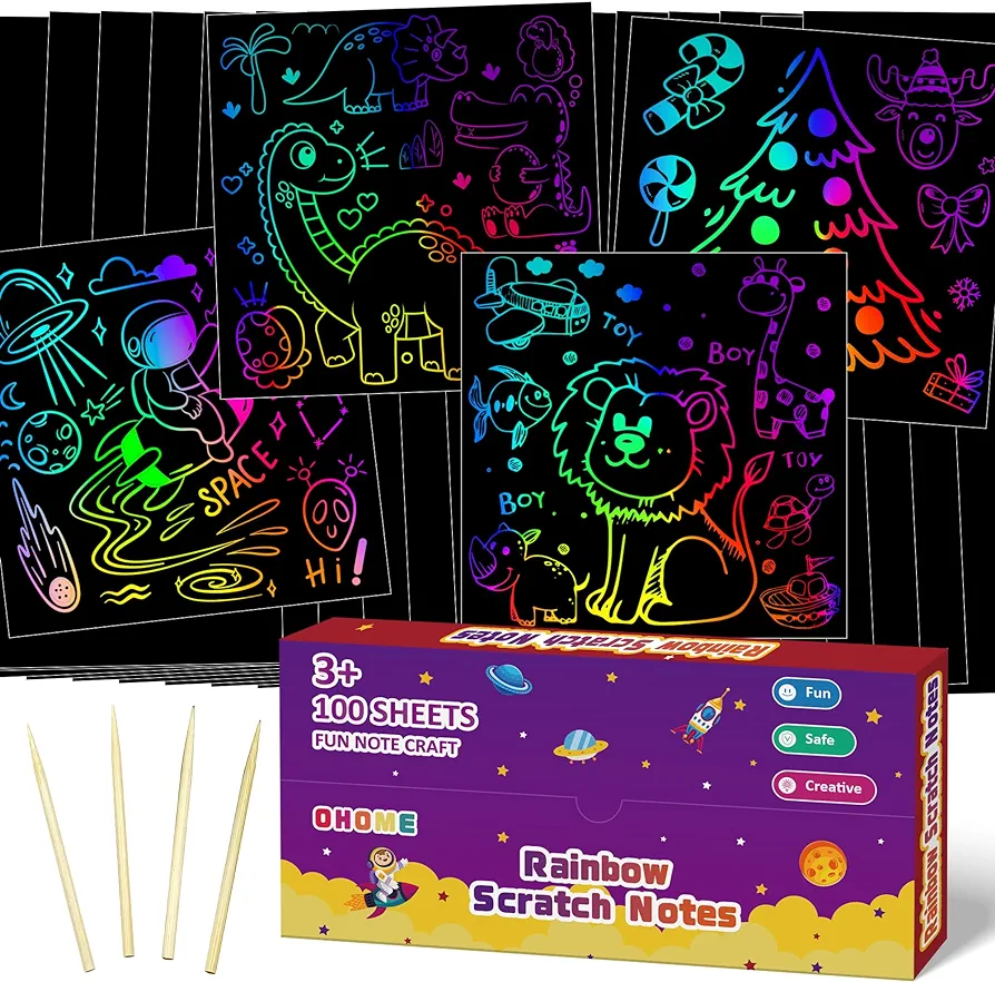 OHOME 100 PCS Scratch Art Paper - Stocking Stuffers for Kids Toddler,Christmas Gifts for Boys Girls | Christmas Games Crafts Party Favors Supplies for Adults,Arts Toys for Ages 3-12 Year Old Birthday