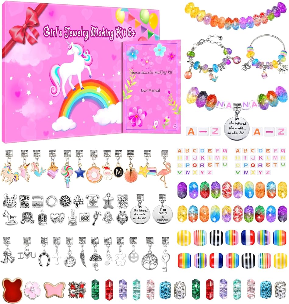 Girls Charm Bracelet Making Kit - 166 Pcs Unicorn Charms Bracelets Kits Kids Jewelry Supplies Make Set DIY Art Craft Set Creative Toys Birthday Gifts for Age 5 6 7 8 9 10 11 12 Year Old Girl Children