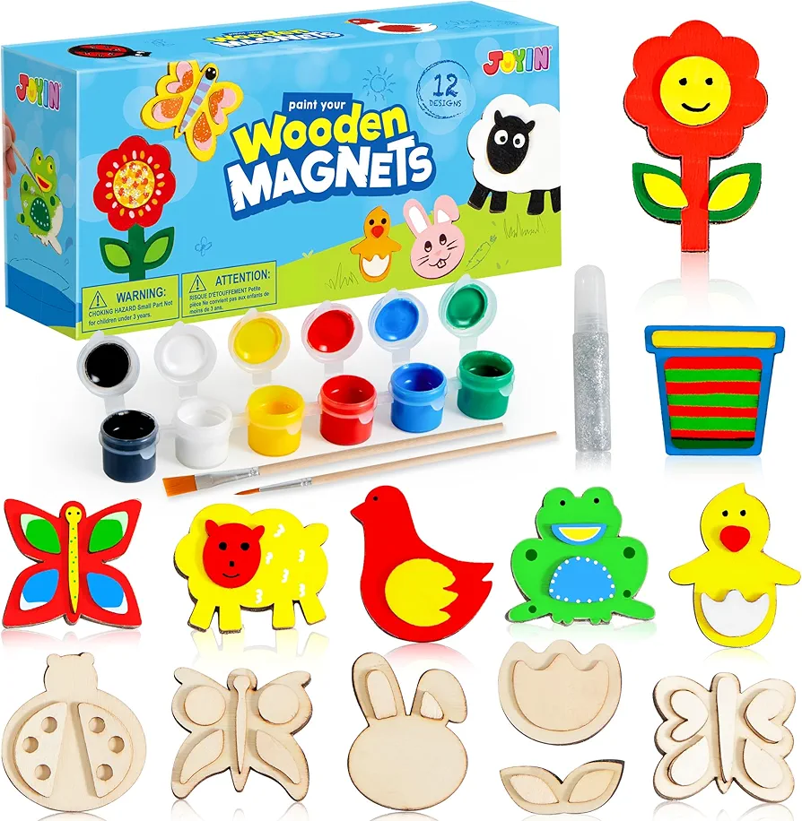 JOYIN 12 Wooden Magnet Creativity Arts & Crafts Painting Kit for Kids, Decorate Your Own Painting Gift for Easter Basket Stuffers, Birthday Parties and Family Crafts, Party Favors for Boys Girls