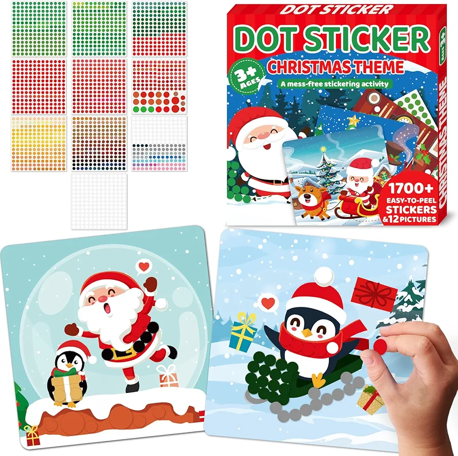 Christmas Dot Sticker Art Activity Craft for Kids 12 Christmas Themed Pictures Easy Dot Sticker Art Stocking Stuffer Gifts, Craft Kits, DIY Activities, Fun Games for Ages 3 to 7 Boys and Girls