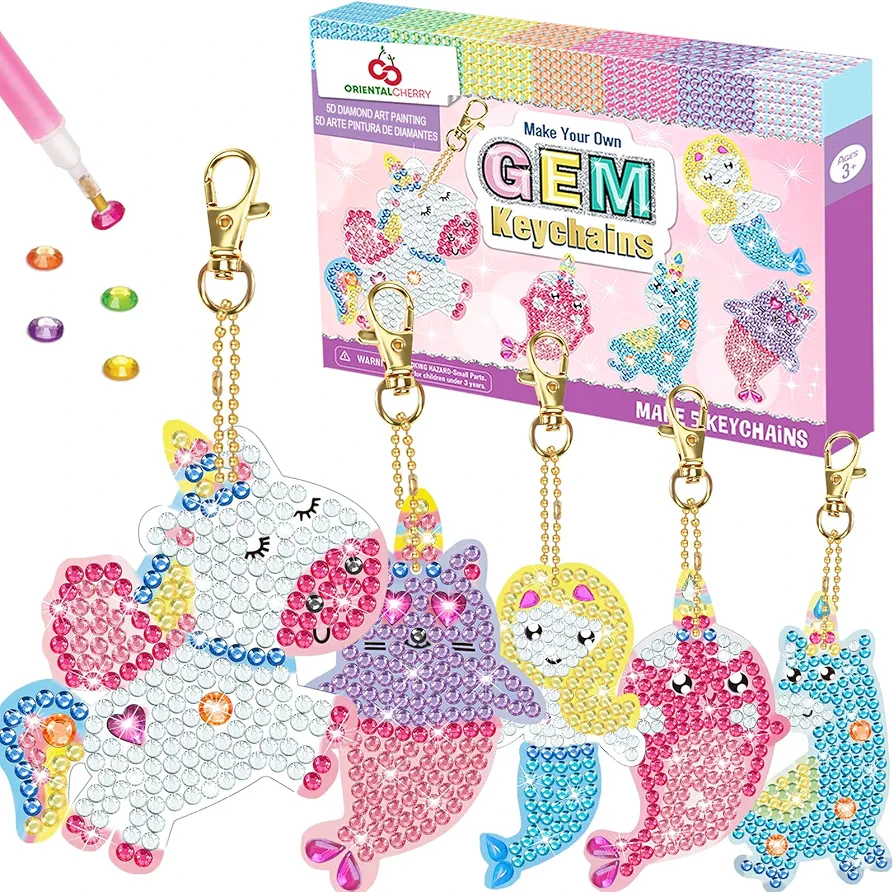 ORIENTAL CHERRY Arts and Crafts for Kids Ages 8-12 - Make Your Own GEM Keychains - 5D Diamond Art Painting by Numbers Kits Girls Kids Ages 3-5 4-6 6-8 Toys Birthday Christmas Gifts Stocking Stuffers