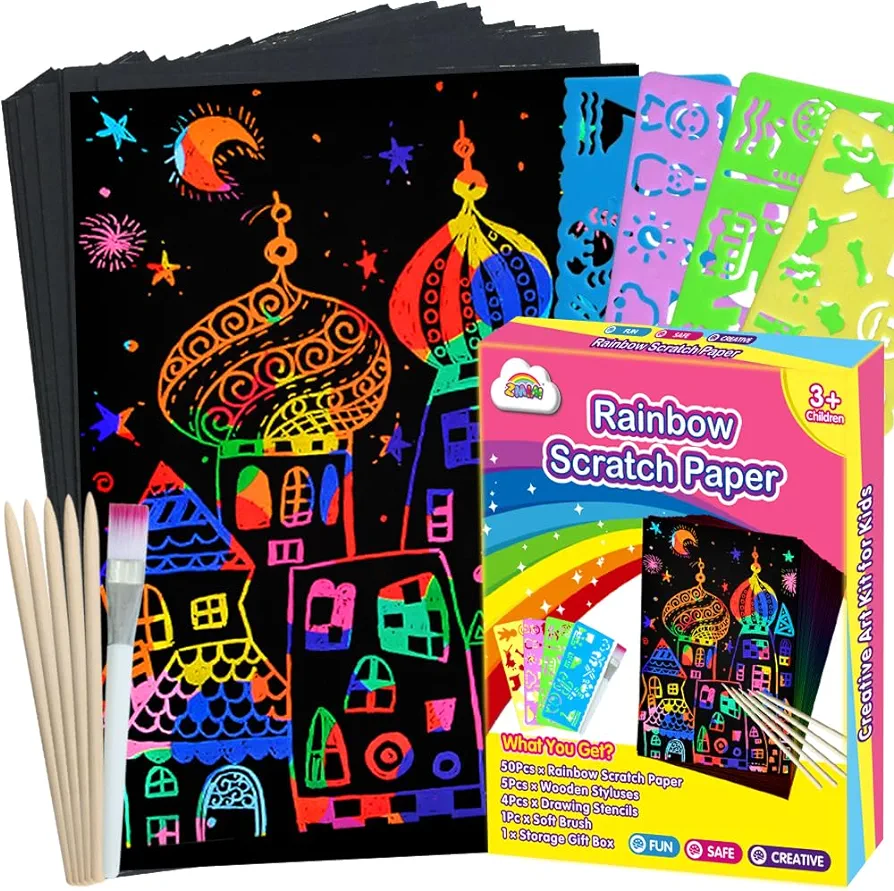 ZMLM Scratch Paper Art Set, 60 Pcs Rainbow Magic Scratch Paper for Kids Black Scratch Off Art Crafts Kits Notes with 5 Wooden Stylus for Girls Boys Toy Halloween Party Game Christmas Birthday Gift