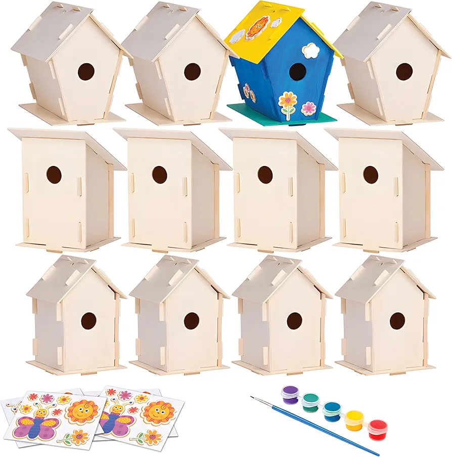 Neliblu DIY 12 Wooden Bird Houses - Creative Arts and Crafts Set for Kids and Adults - Unfinished Wood Birdhouse Kits with Paint Strips, Brushes, Stickers, and Strings - 3 Different Shapes, 2 Sizes