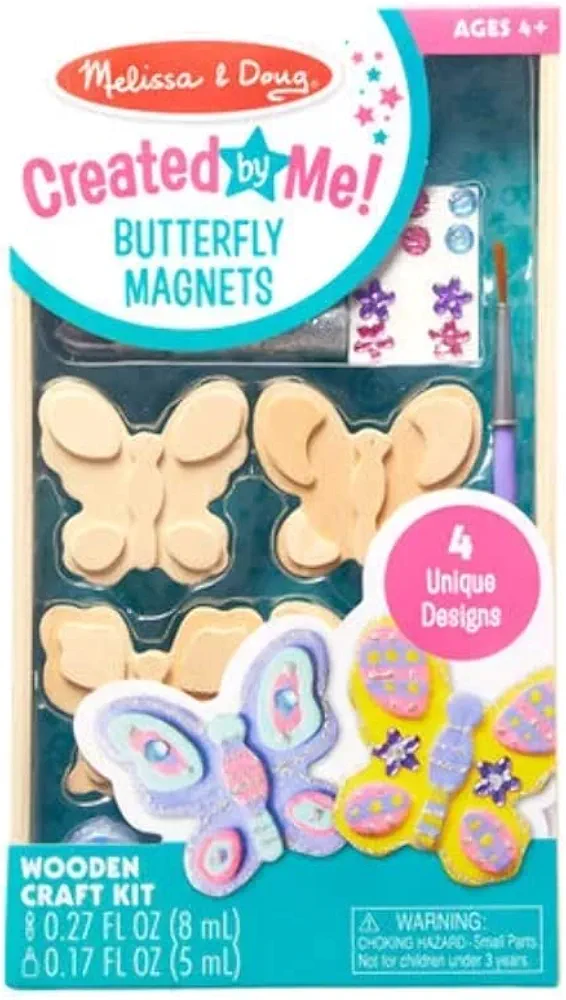 Melissa & Doug Created by Me! Wooden Butterfly Magnets Craft Kit (4 Designs, 4 Paints, Stickers, Glitter Glue)