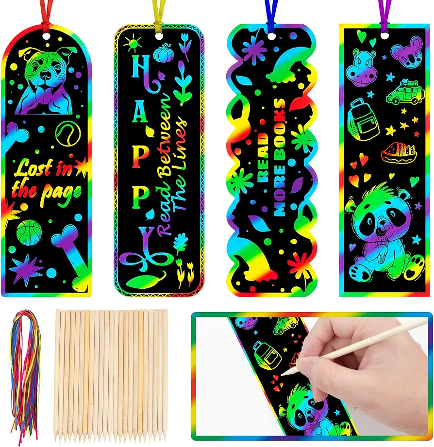 GOMANCHE 40 Sets Scratch Art for Kids, 4 Styles Magic Rainbow Bookmarks Scratch Craft Kit for Kids, Scratch Paper Art Sets for Kids Students Party Bag Fillers