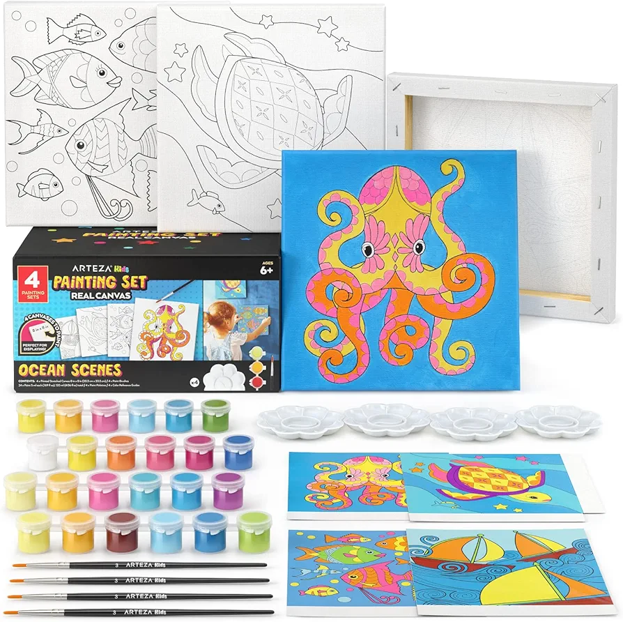 Arteza Kids Ocean Scenes Painting Kit, 4 Canvases 8 x 8 Inches, 24 Acrylic Paints, 4 Paint Brushes, 4 Palettes, Kids Activities Ages 6 and Up