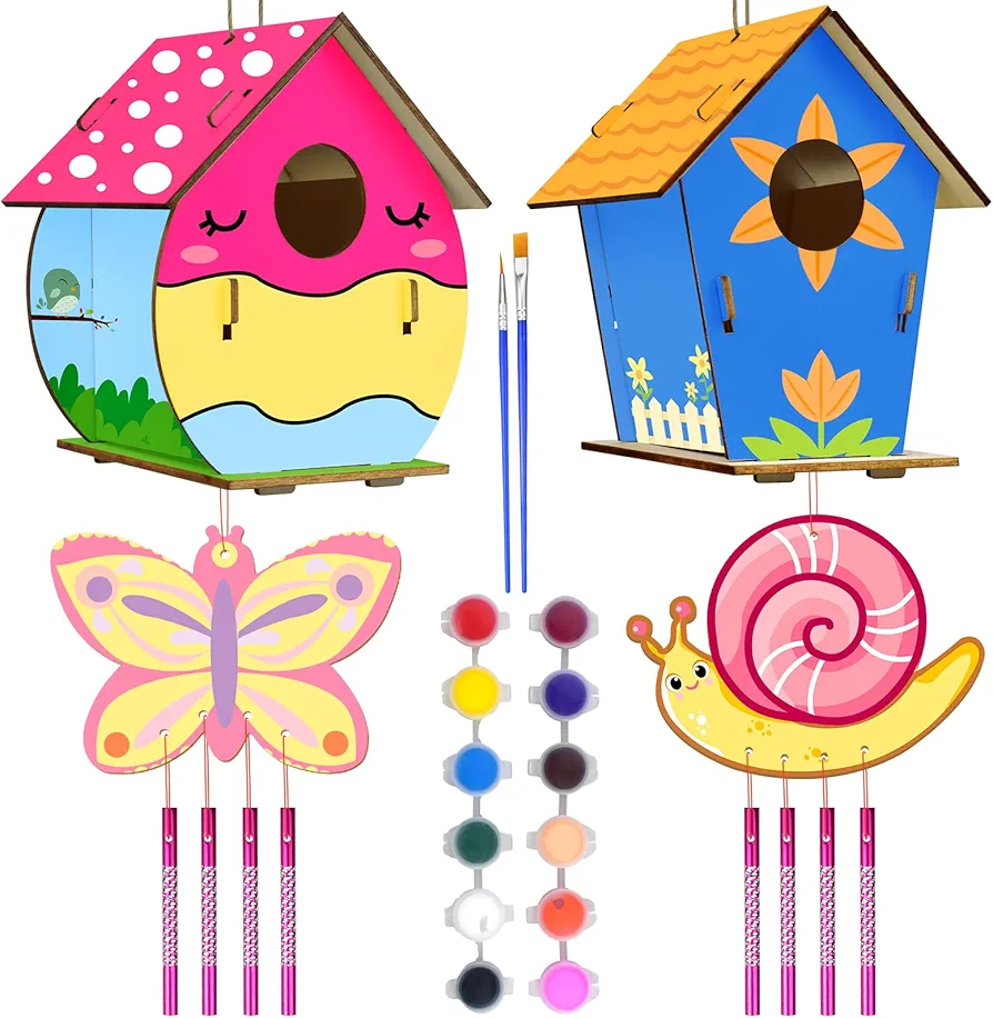 4 Pack DIY Bird House Wind Chime Kits Arts and Crafts for Kids Ages 4-8,Painting Kit for Kids Party Favors for Boys Girls Ages 4-8 8-12 Birthday Crafts Gifts Toys