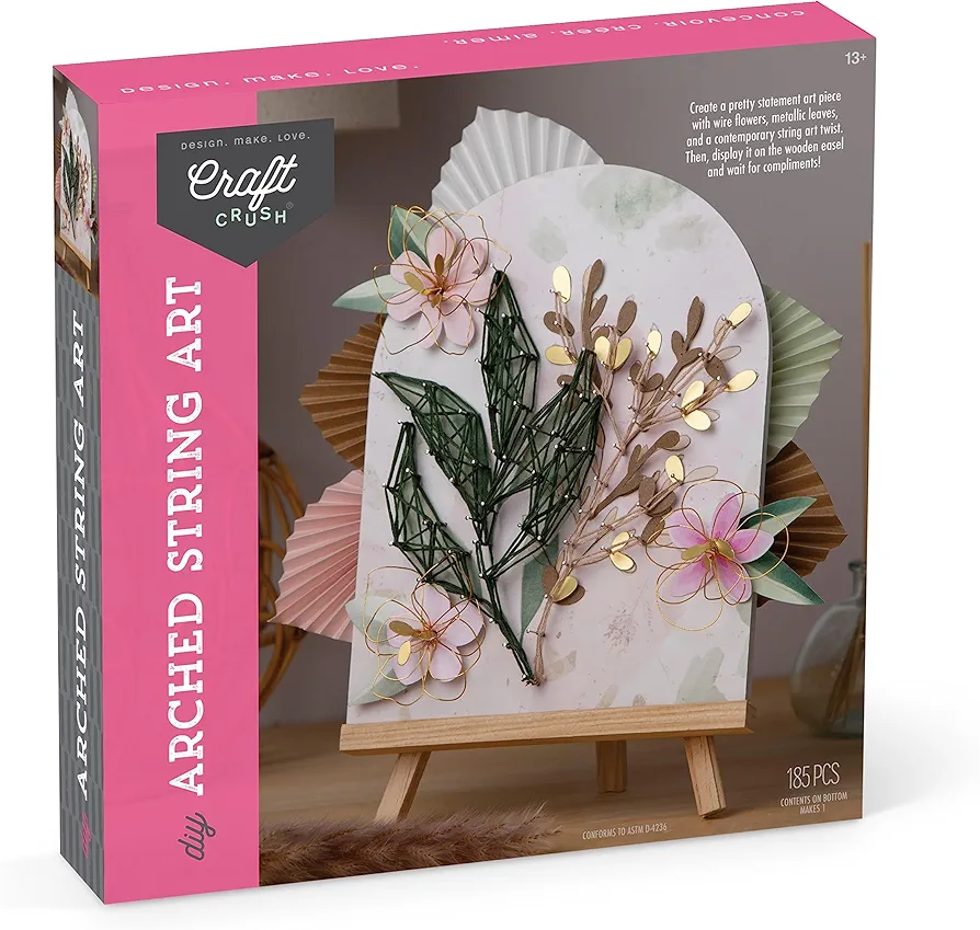 Craft Crush DIY String Art Craft Kit - Floral Interior Design DIY Activity for Teens & Adults - Complete String Art Kit with Embroidery Thread, Foam Canvas, Metal Pins, Wooden Easel - Ages 13+