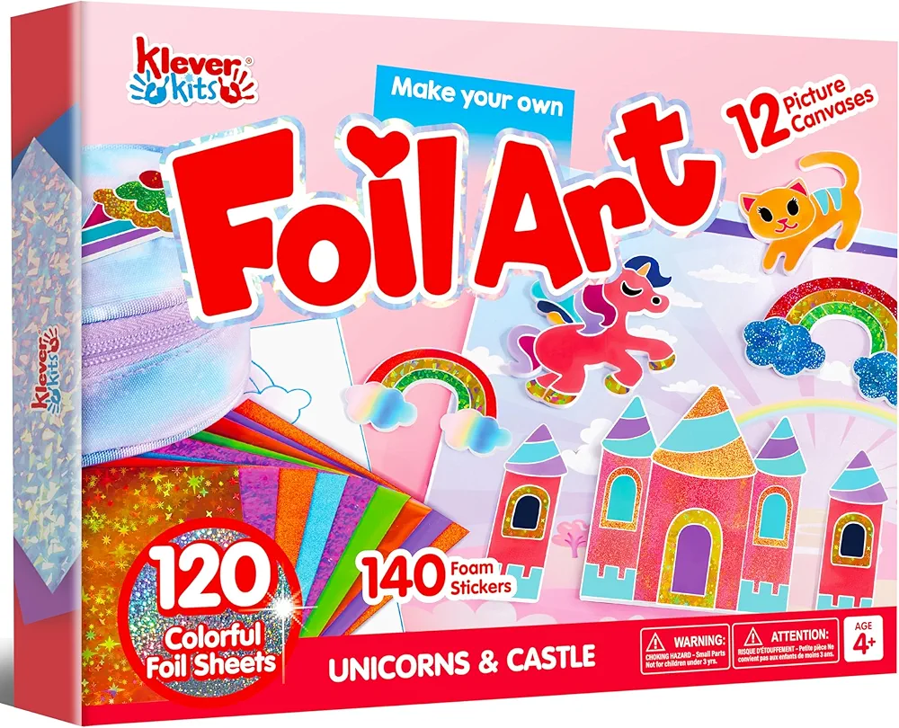 Klever Kits Foil Art Kit for Kids - Foil Fun Crafts, Arts & Crafts Supplies, Mess Free Coloring, Foil Foam Stickers, Creative Travel Toys, Birthday Gifts for Boys & Girls Ages 4 and Up