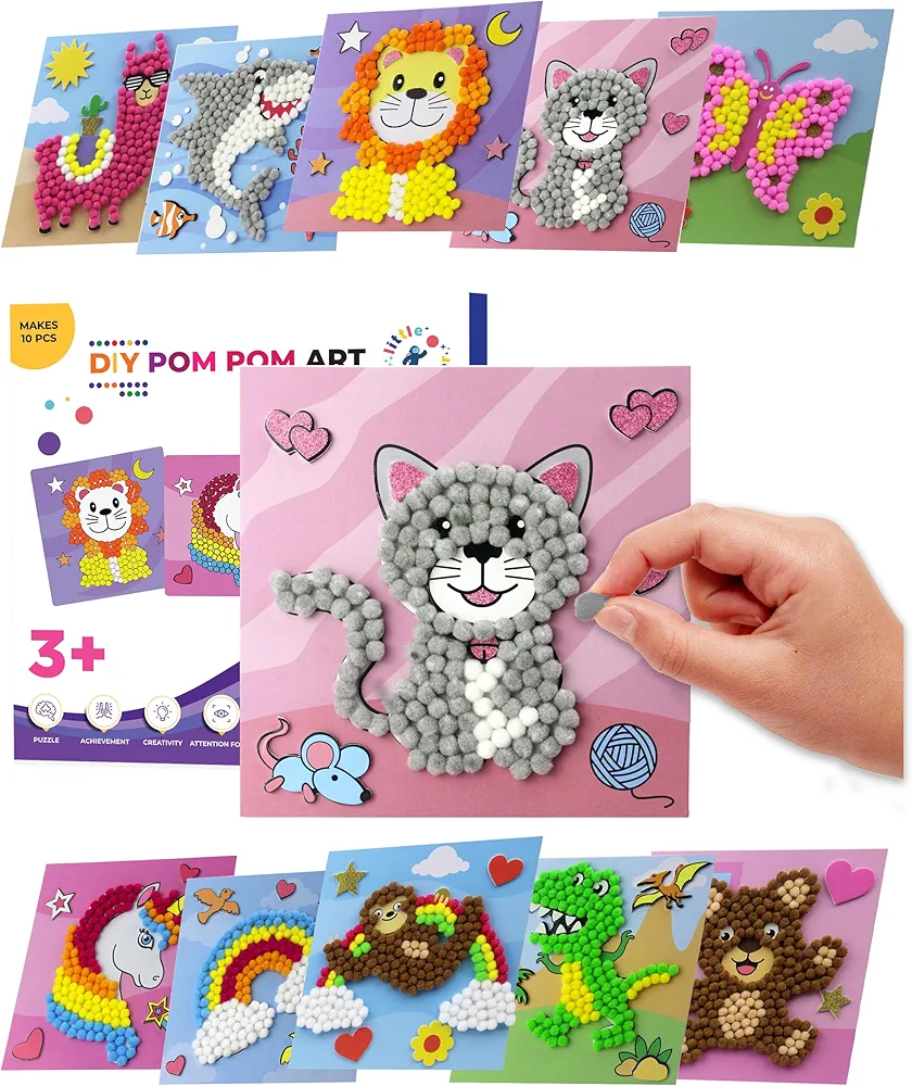 Little Jupiter DIY Pom Pom Art - Makes 10 Art Pieces -Boy & Girl Crafts for Kids Age 3-5 - Toddler Crafts Ages 3-5 - Kids Crafts 3-5 - Activities for Kids Ages 3-5 - Arts and Crafts for Kids