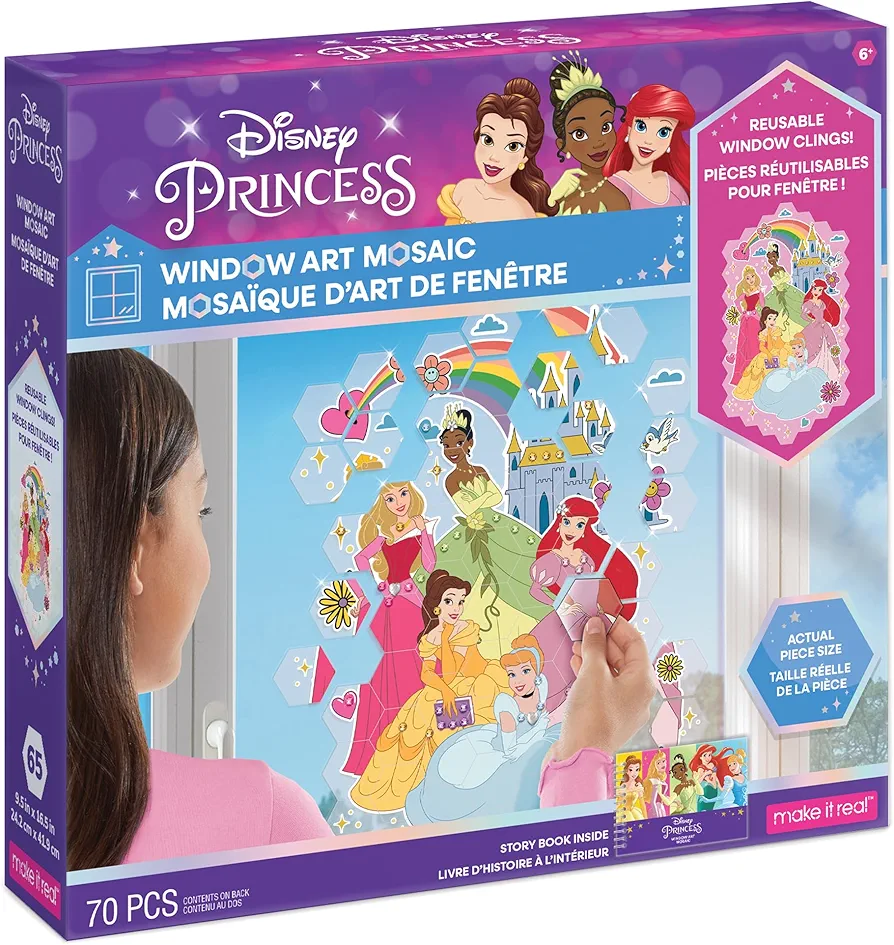 Make It Real Disney: Window Art Mosaic - Disney Princess - 70 pcs, Reusable Puzzle Window Clings, Creates a 9.5 x 16.5 Image, Kids Ages 6+