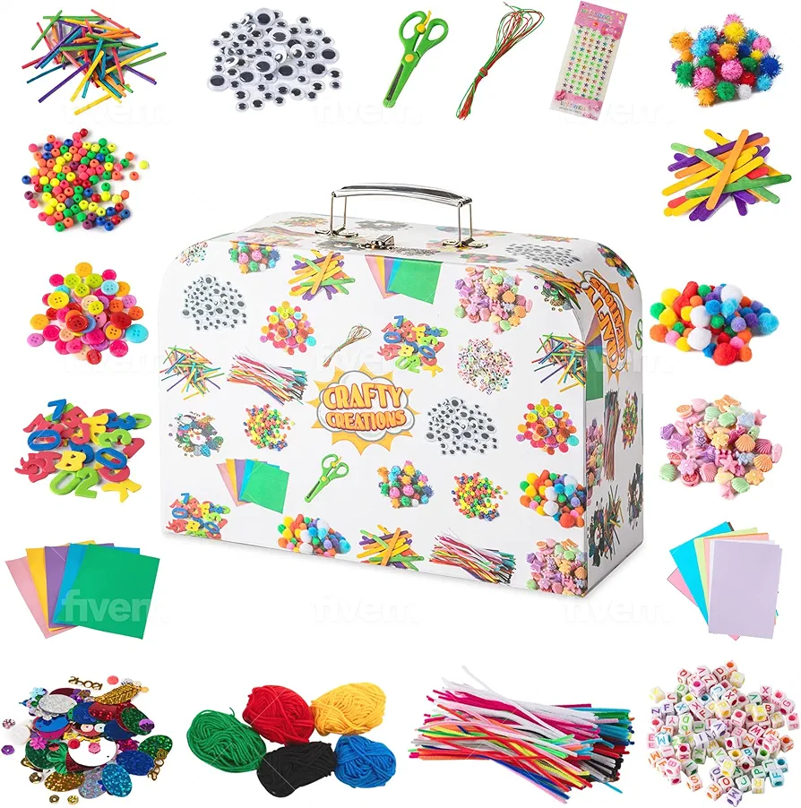 Jumbo Arts & Crafts Kit Suitcase - 2,100+ Pieces Pompoms, Craft Sticks, Pipe Cleaners, Scissors, & More in Large Craft Box - Art Supplies Set for Adults & Kids Age 6,7,8,9,10,11,12 - Crafting Set