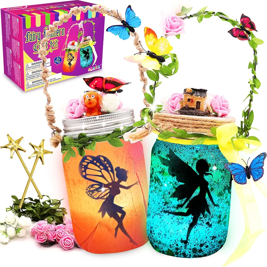 Alritz Fairy Lantern Craft Kit - Gift for Kids Girls - Remote Control Mason Jar Night Light - DIY Garden Decorations Art Project, Creative Activities for Birthday Party and School