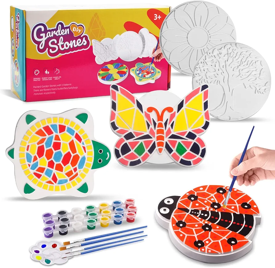 Weilim Paint Your Own Stepping Stones 5-Pack for Kids, Boys & Girls Ages 3-12, Butterfly, Turtle, Flower, Tree & Ladybug DIY Outdoor Garden Art & Craft Ceramic Painting Set