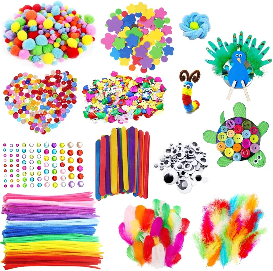 Arts and Crafts Supplies for Kids Including Feathers, Pipe Cleaners, Wiggle Googly Eyes, Pom Poms, Buttons, Ice Cream Sticks, Sequins And So On, School Kindergarten Homeschool Supplies Crafts