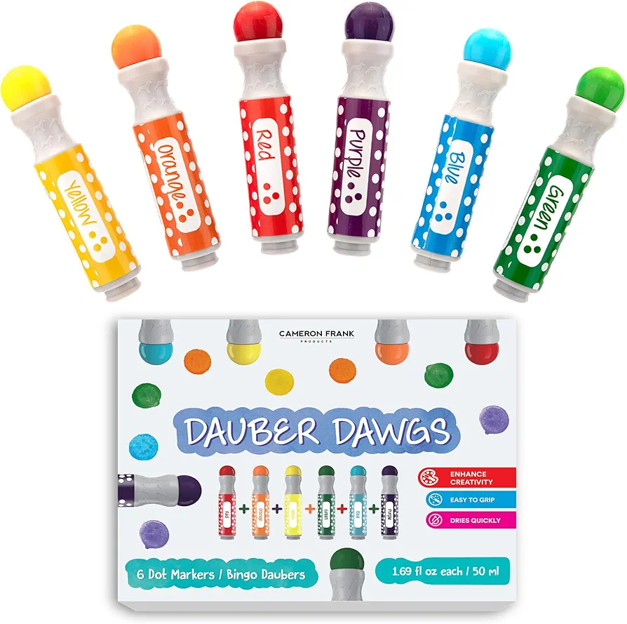 Cameron Frank Products Washable Dot Markers, 6 Pack For Kids, Preschool Children Arts Crafts Supplies Kit, Kindergarten Toddler Art Activities Gift Set, Holiday Bingo Dabbers Dobbers, Dauber Dawgs