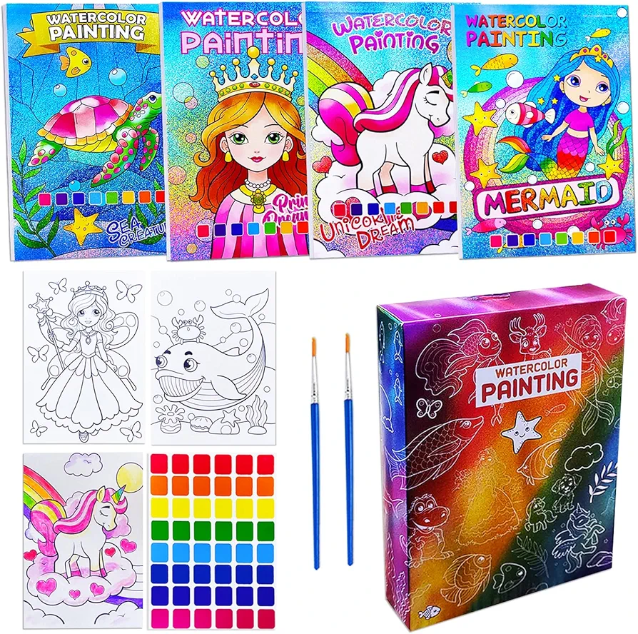 JUNQIU 4Pack Water Color Paint Sets for Kids, Watercolor Painting Coloring Books for Toddlers, Paint with Water Books for Kids Ages 4-8, Art Craft Kits for Girls Boys Drawing with Brush